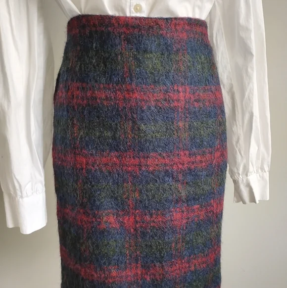 Talbots Wool Alpaca Blend Classic Pencil Skirt Tartan Navy Blue Colorful Sz 10 - Picture 1 of 14